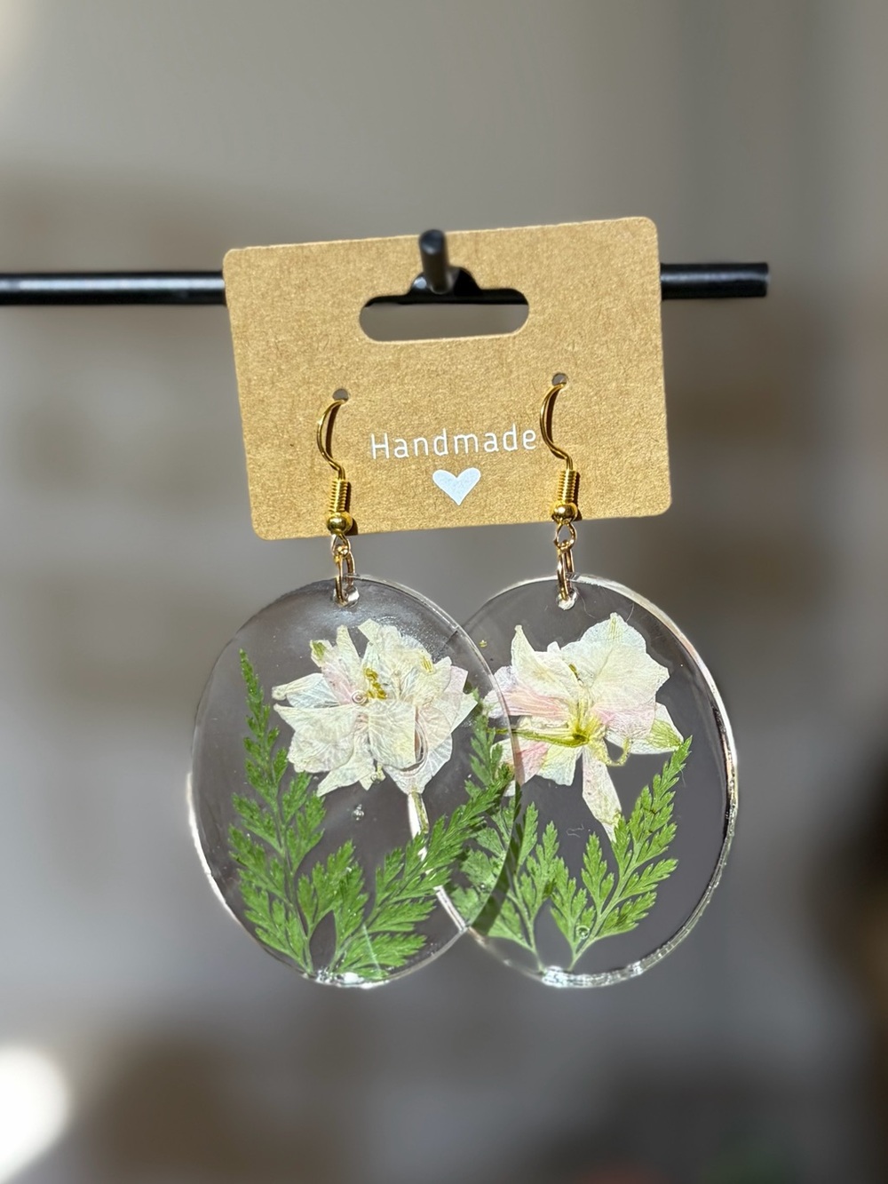Handmade Resin Floral Drop Earrings - White & Green